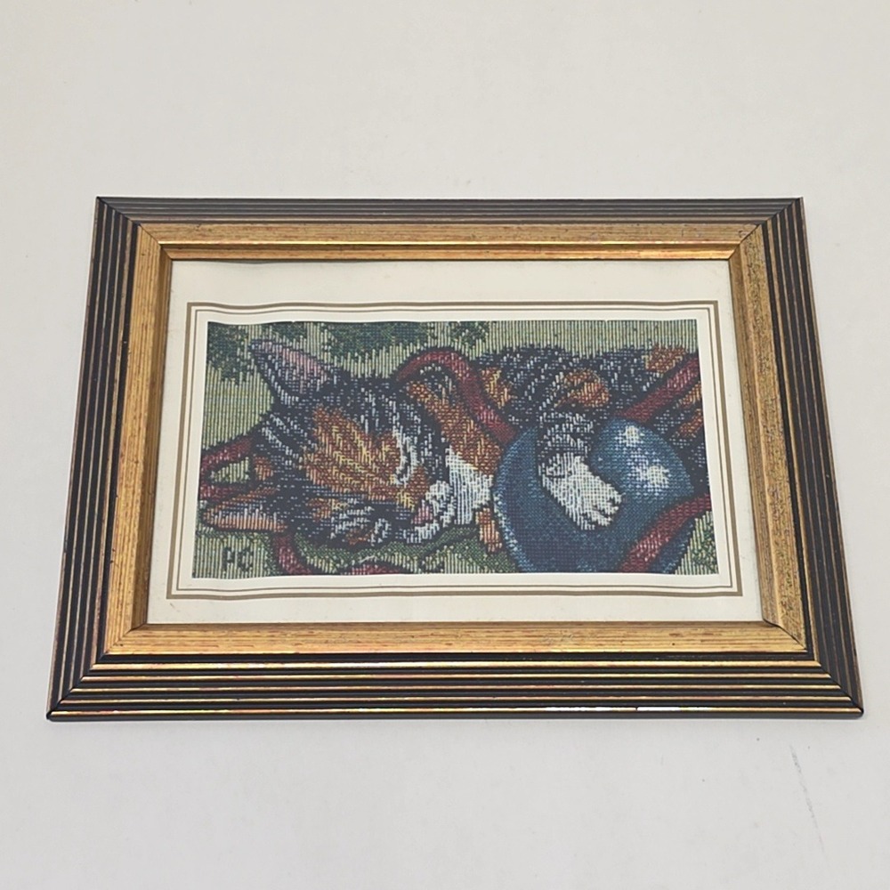 Handmade Sleeping Cat Needlepoint Tapestry Art Gold Framed Woven Feline Decor